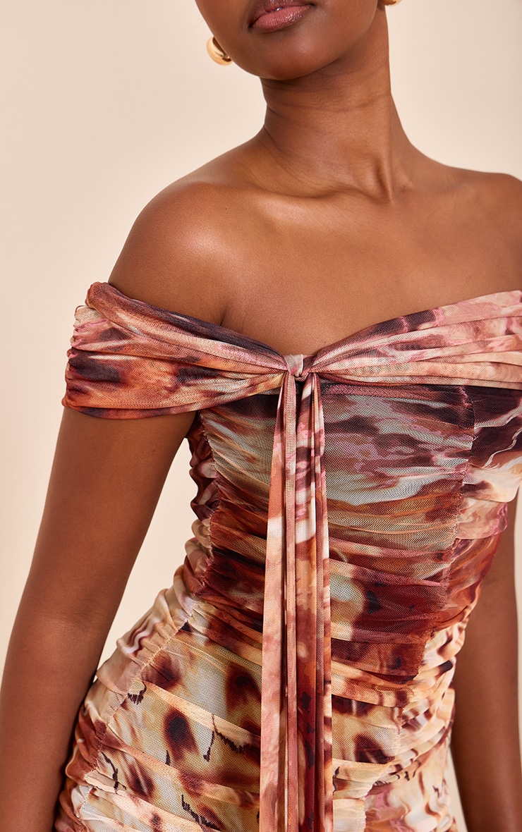 Beige Abstract Print Lined Mesh Bardot Mini Dress image 4
