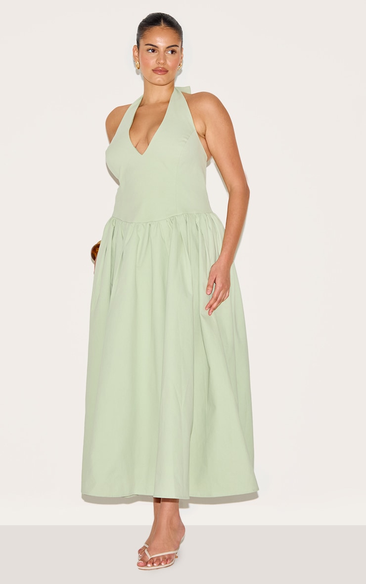 Plus Sage Green Halterneck Tie Detail Midaxi Dress image 3