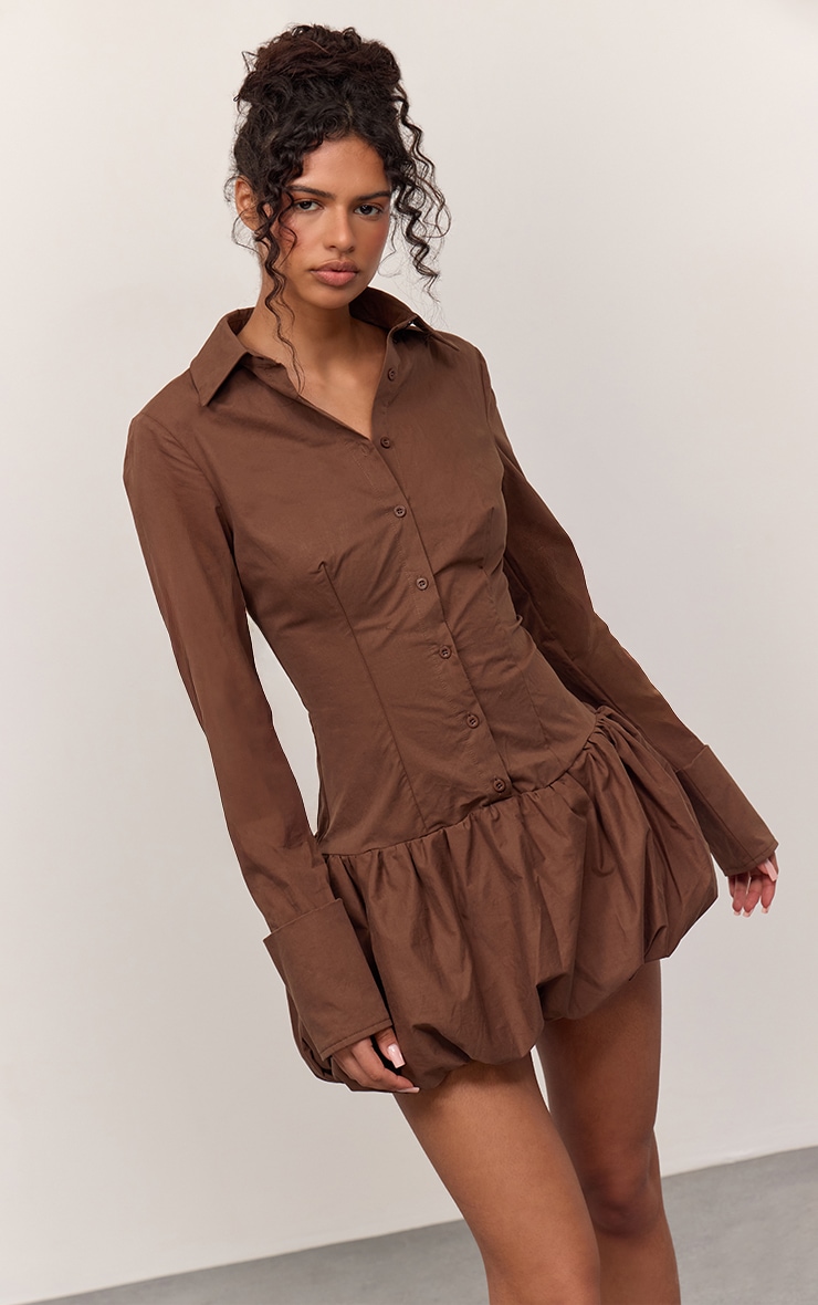 Deep Chocolate Button Down Puffball Detail Shirt Dress