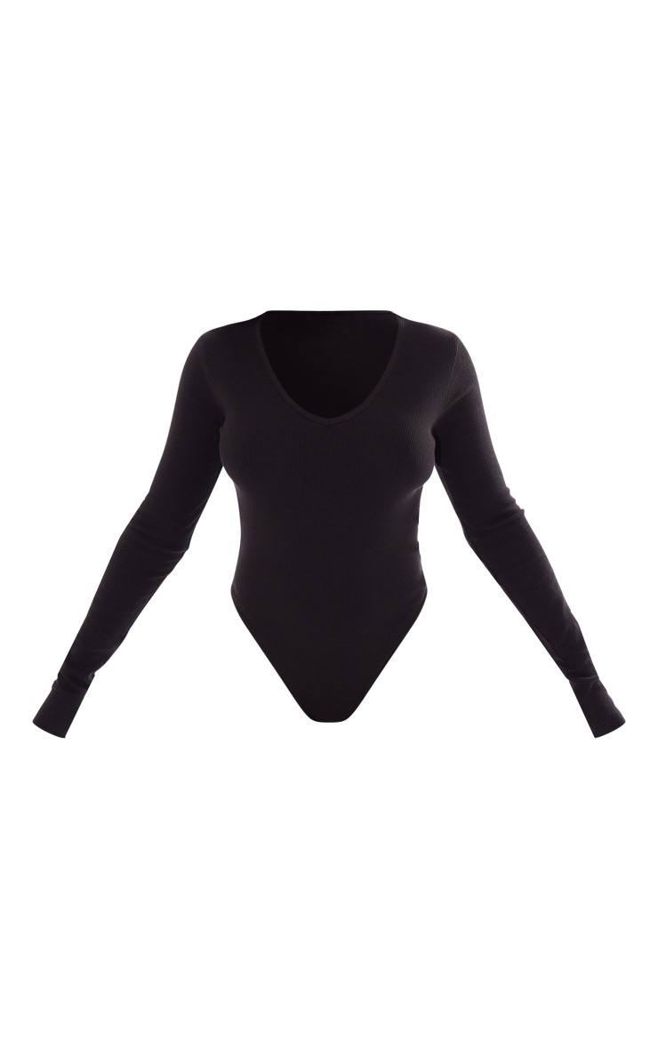 Black Basic Soft Rib V Neck Long Sleeved Bodysuit image 5