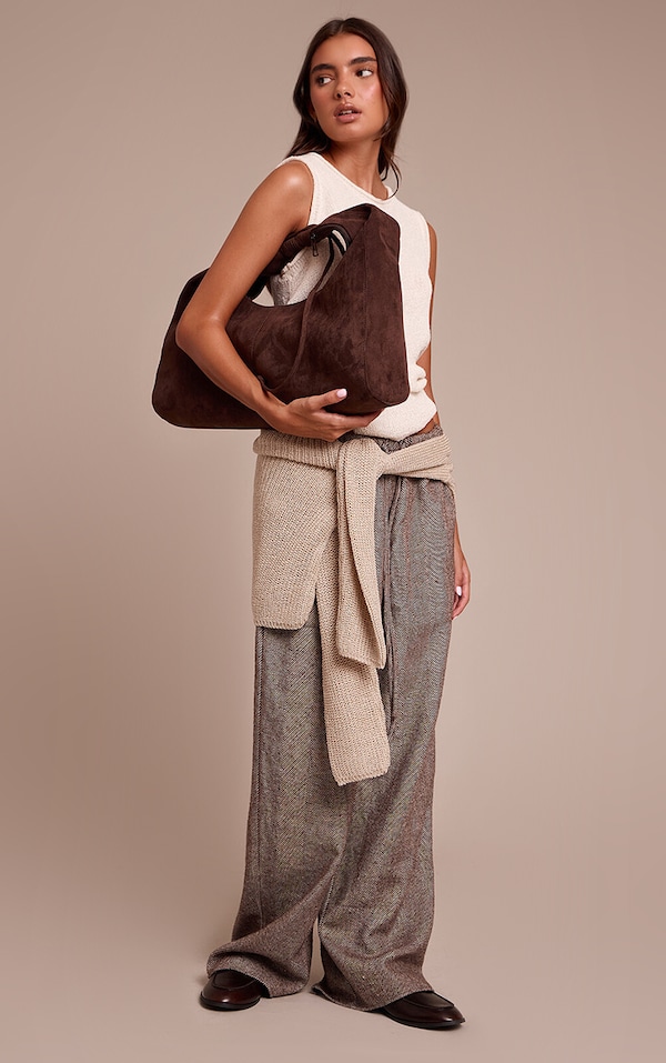Pantalon taille basse chocolat à chevrons brossés, cordon de serrage