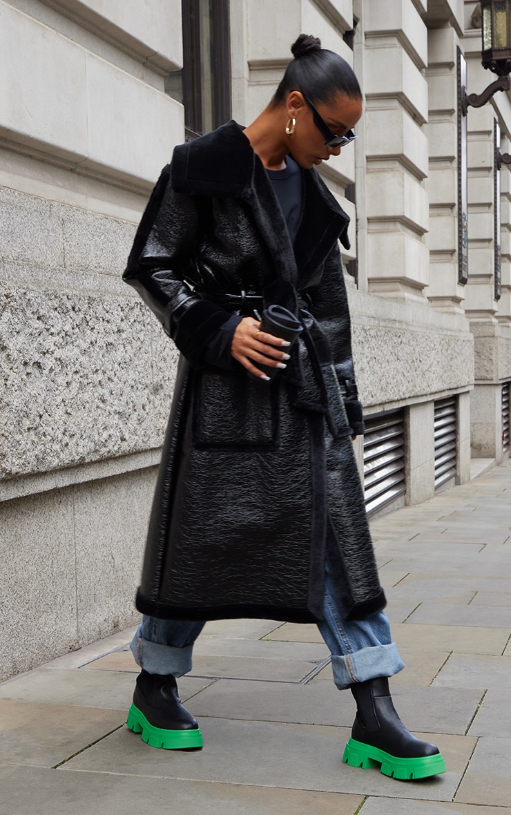 Women Black Fur Contrast Tape Detail Jacket