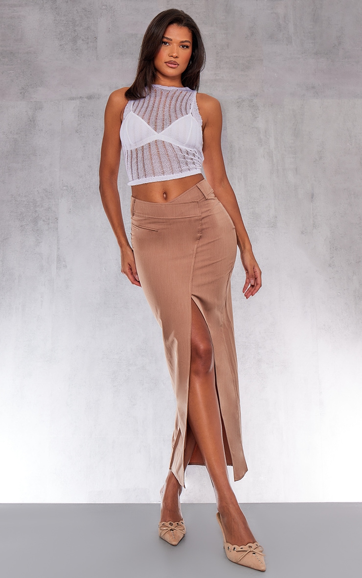 Mocha Woven Tailored Asymmetric Maxi Skirt Bottoms PrettyLittleThing CA