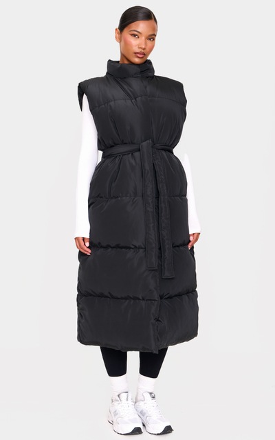 Black Quilted Longline Tie Waist Gilet