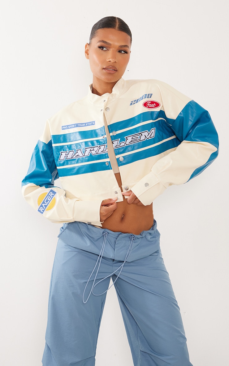 Blue Stripe Front Boxy Cropped Faux Leather Racer Jacket image 1