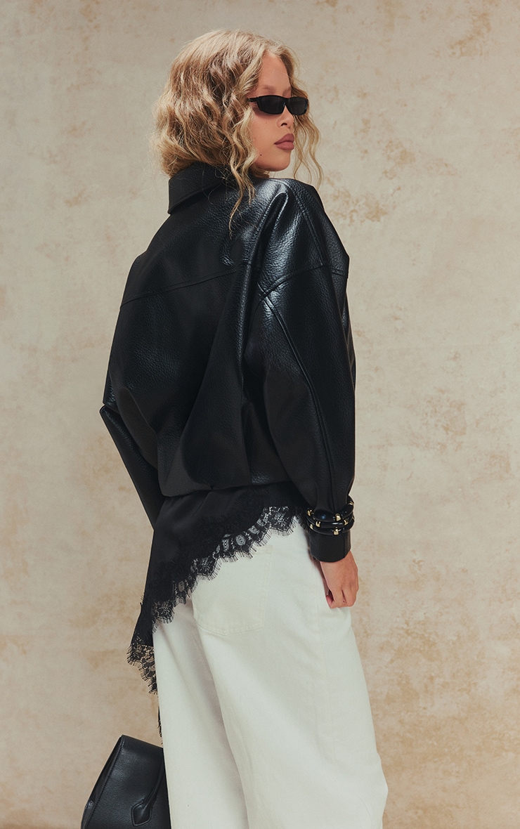 Black Faux Leather Covered Placket Bomber Jacket image 2