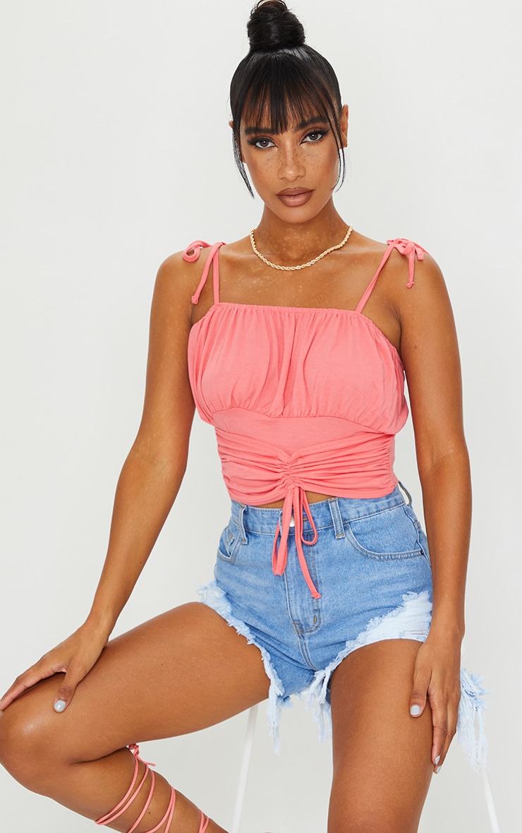 Coral Jersey Ruched Front Cropped Cami Top