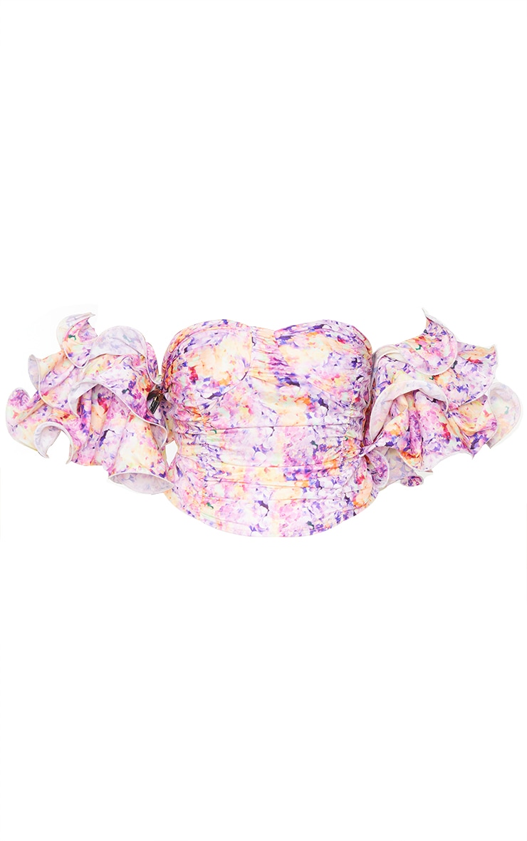 Plus Lilac Floral Print Puff Sleeve Bardot Crop Top image 5