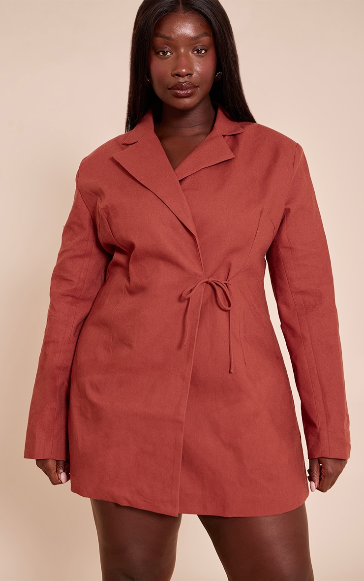 Plus Rust Linen Blend Tie Detail Blazer Dress image 1