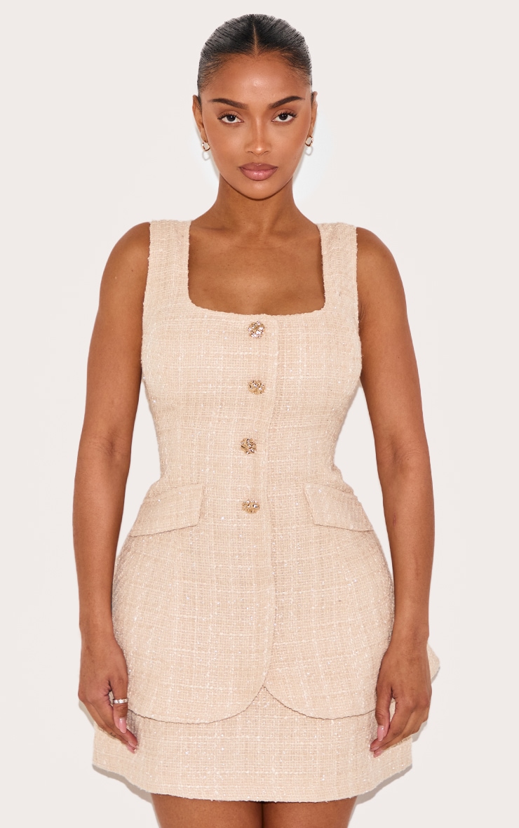 Shape Mini robe bouclée gris pierre à col carré et partie superposée boutonnée image 1