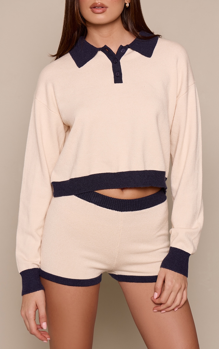 Cream Contrast Waistband Knitted Mini Shorts  image 1