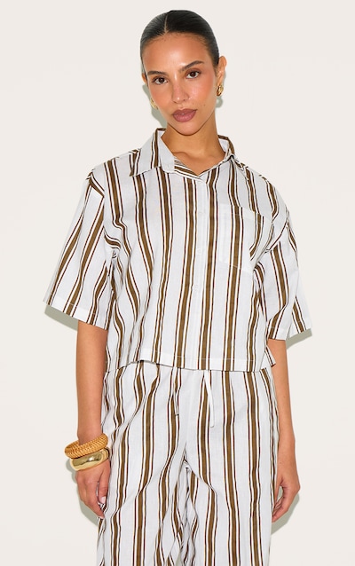 Petite Beige Striped Linen Look Oversized Shirt