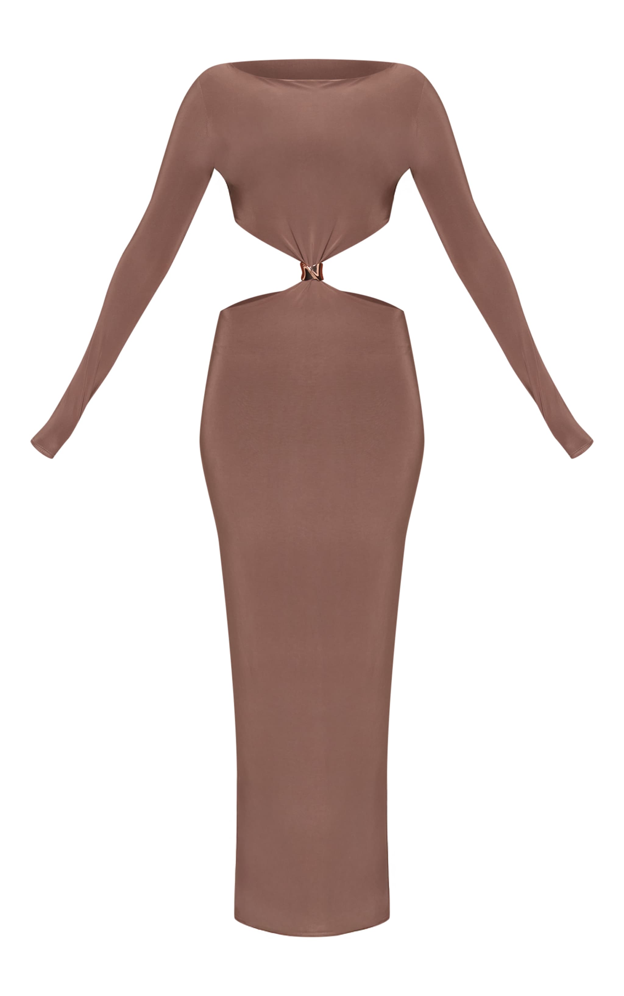Taupe Double Layer Slinky Long Sleeve Trim Detail Maxi Dress image 5