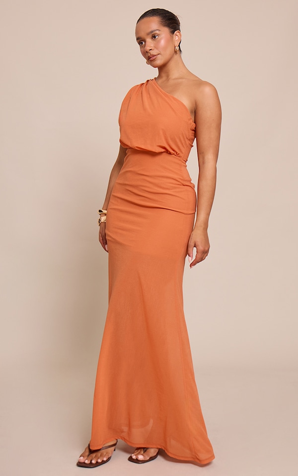 Shape orange ruched one shoulder fishtail maxi dress