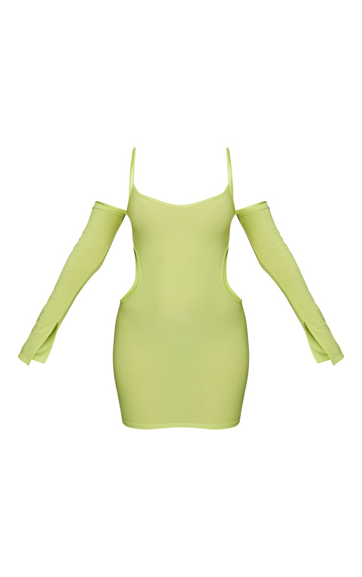 Light Lime Slinky Side Cut Out Cold Shoulder Bodycon Dress image 5