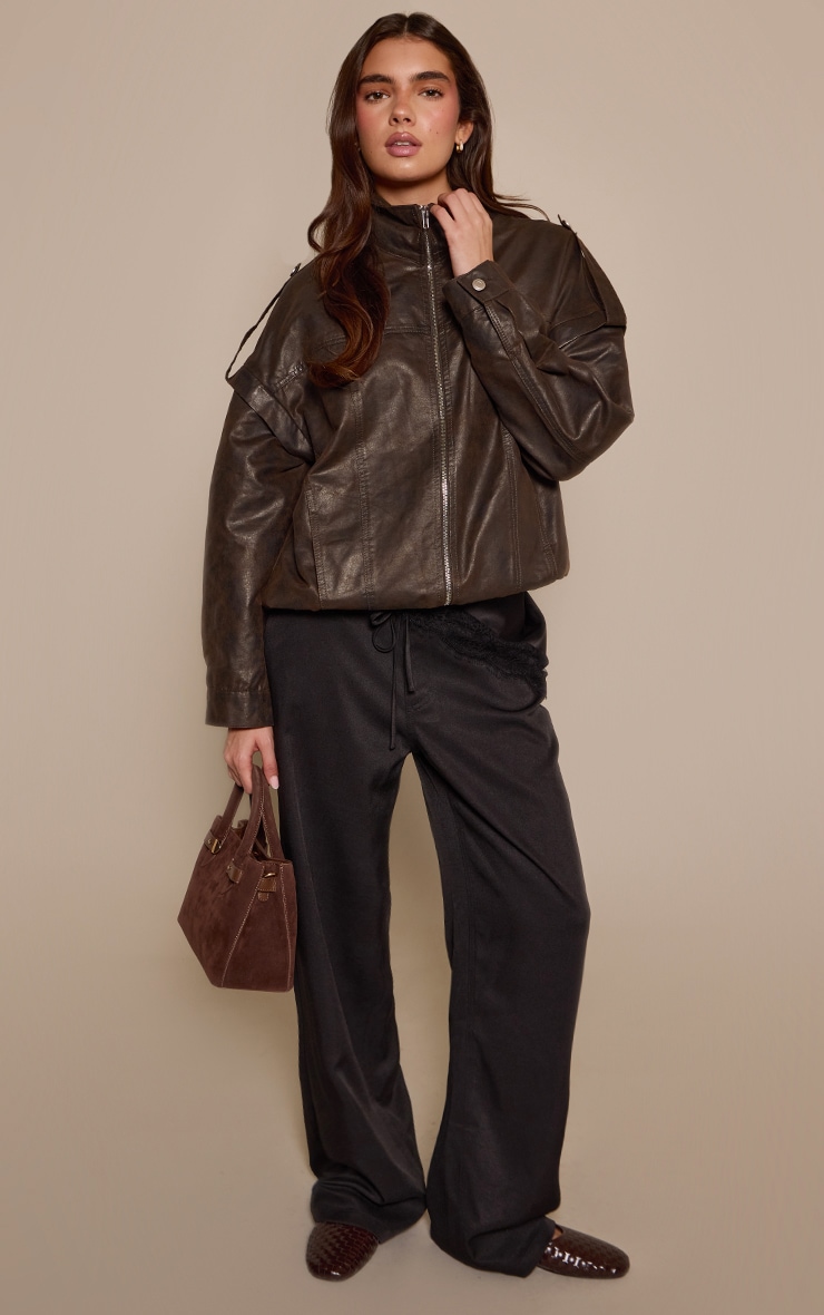 Black Woven Tie Waist Detail Wide Leg Trousers