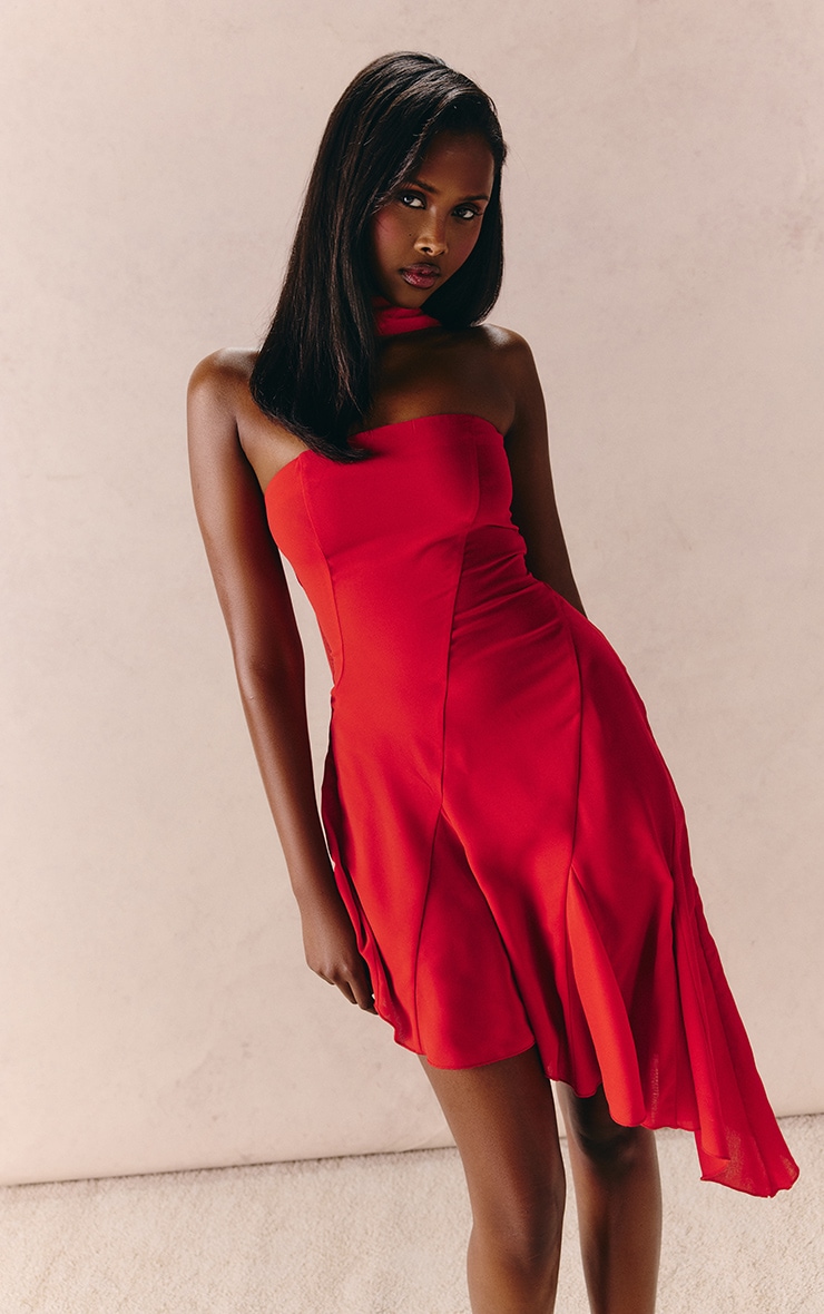 Red Chiffon Godet Neck Detail Asymmetric Mini Dress image 4