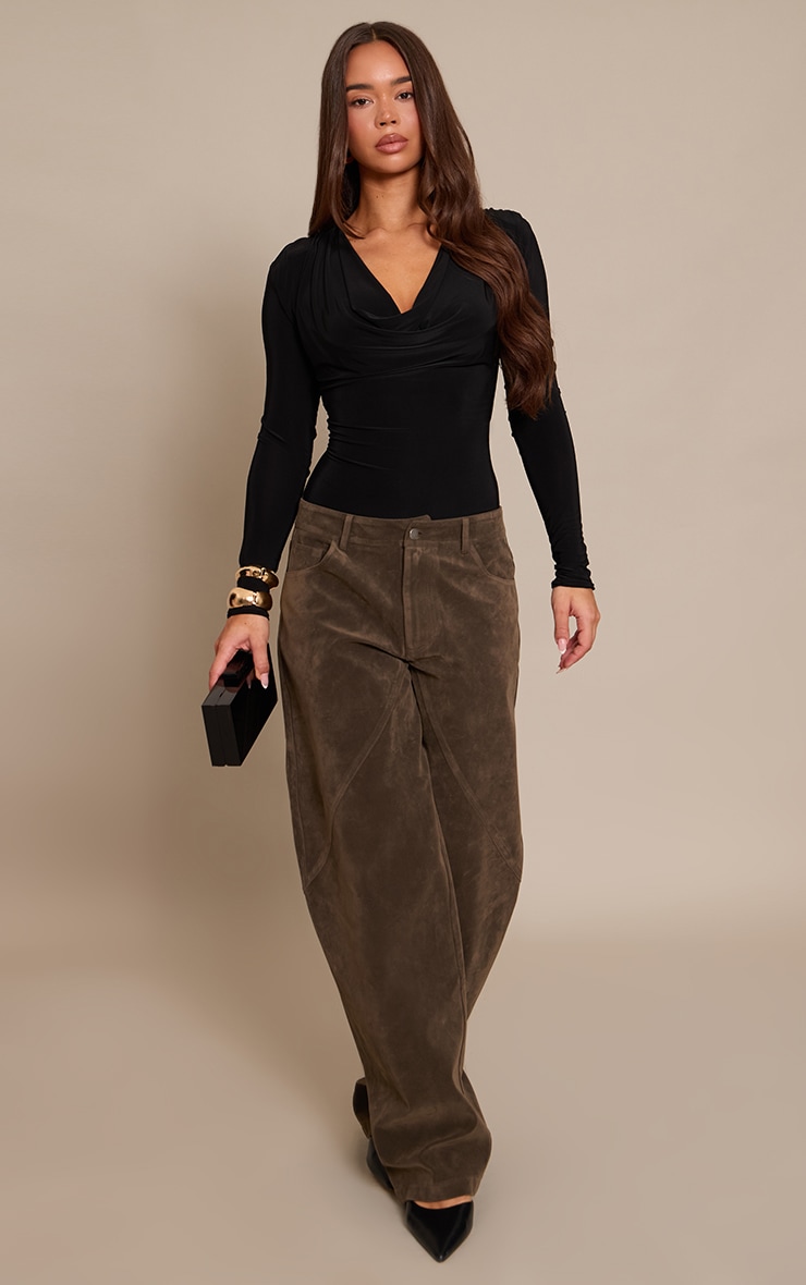 Black Double Layer Slinky Cowl Neck Long Sleeve Bodysuit image 3