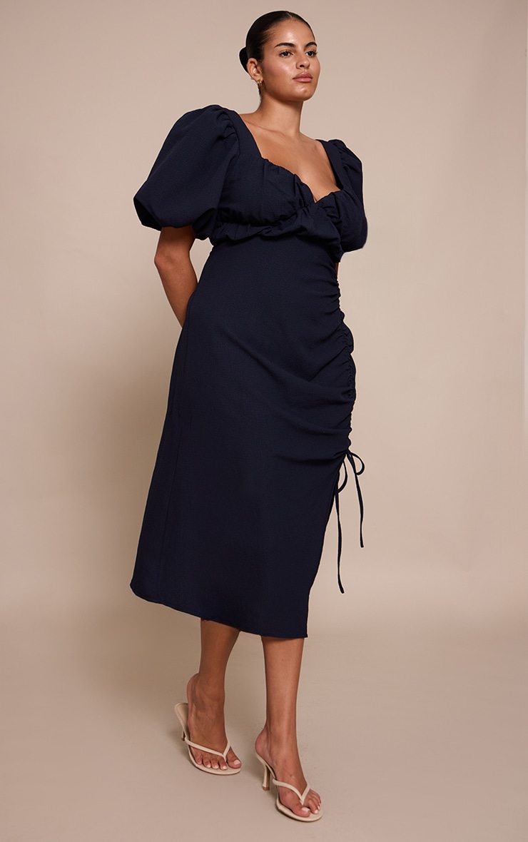 Plus Navy Puff Sleeve Ruched Split Side Midi Dress image 3