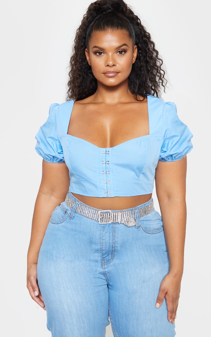 Plus Dusty Blue Puff Sleeve Crop Top PrettyLittleThing CA