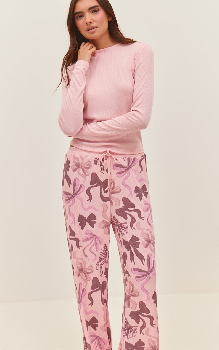 Pink Fitted Pointelle Long Sleeve Top and Christmas Bow Pant PJ Set image 1