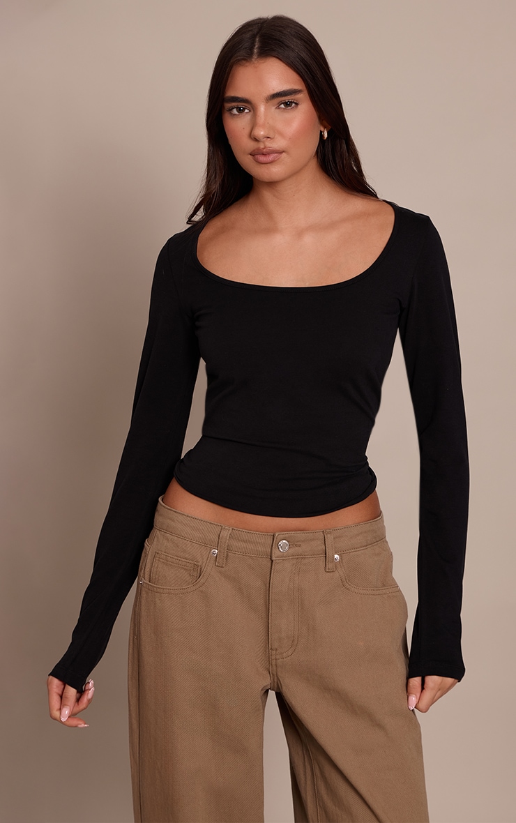 Black Soft Cotton Scooped Neck Long Sleeve Top image 1