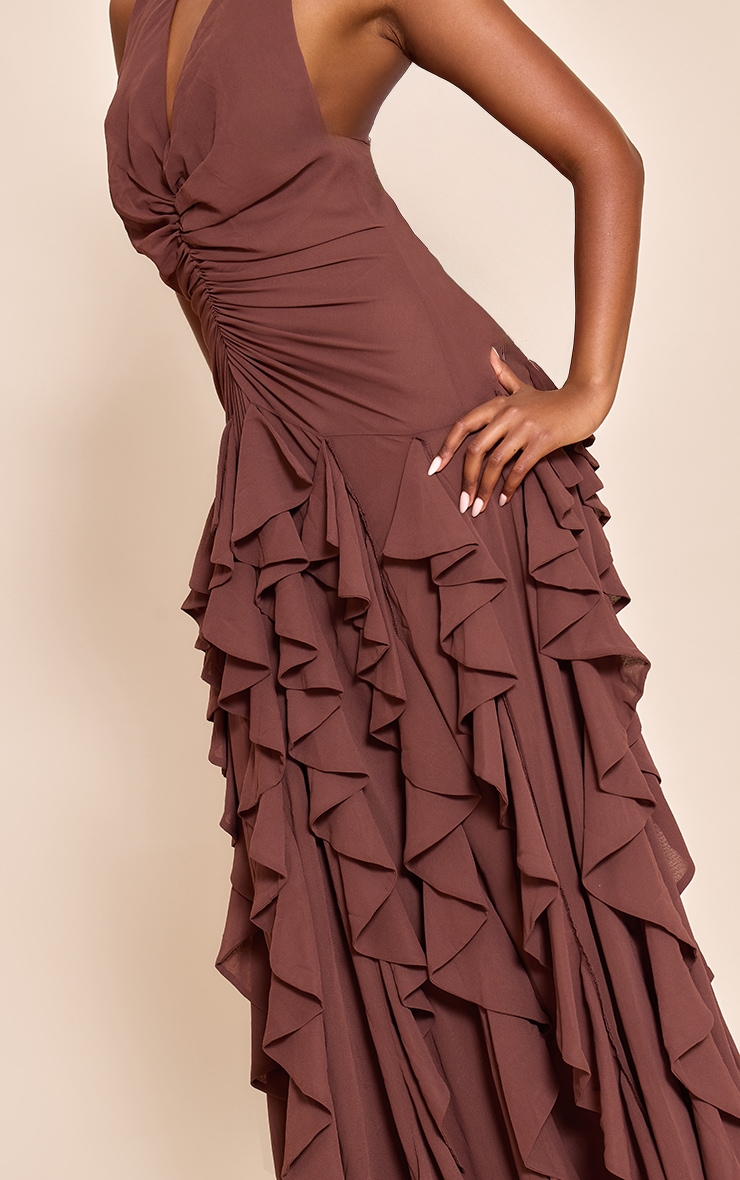 Chocolate Plunge Ruched Frill Detail Maxi Dress image 4