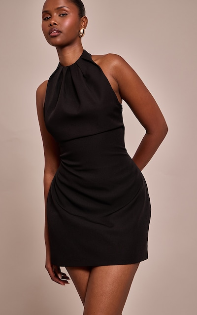 Black Woven Halter Neck Mini Shift Dress