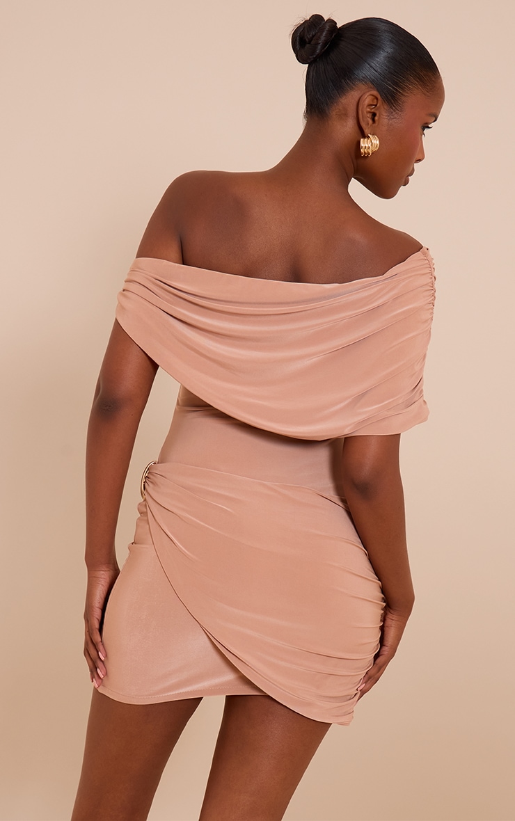 Beige Double Layer Slinky Off The Shoulder Trim Mini Dress image 2
