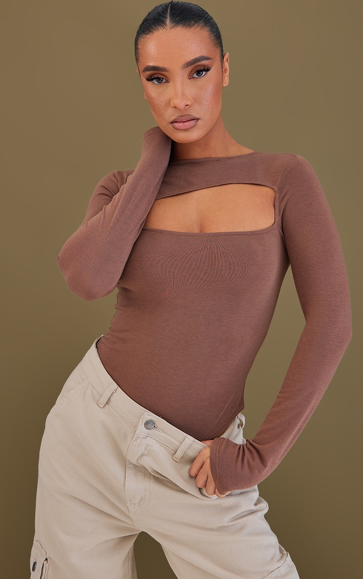 Chocolate Contour Jersey Asymmetric Cut Out Bodysuit