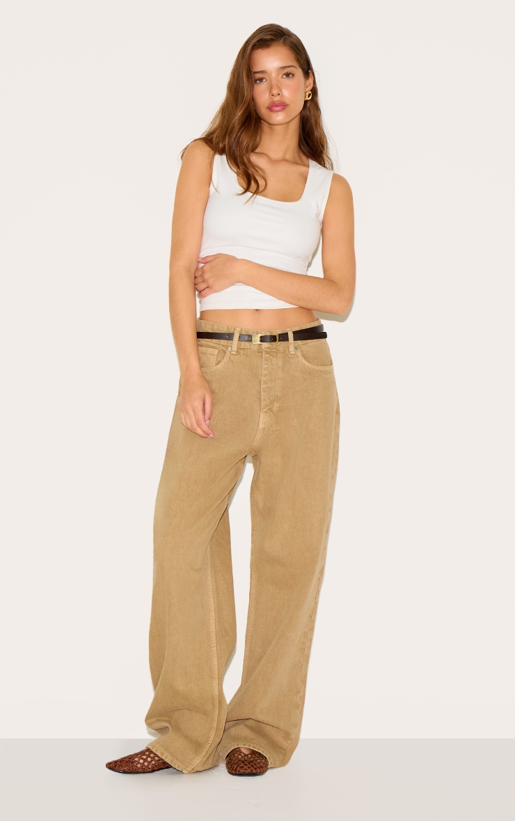 Washed Khaki Mid Rise Wide Leg Jeans image 1