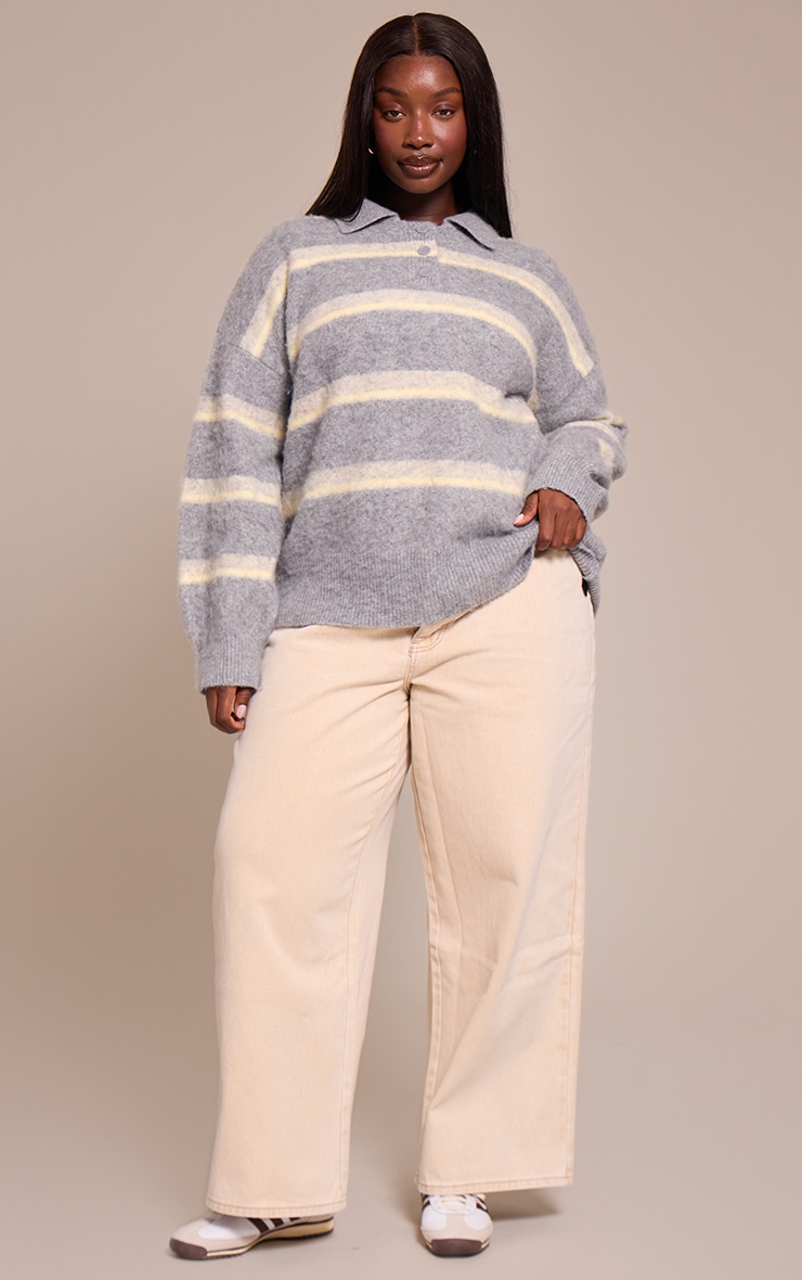 Plus Grey Striped Brushed Knit Oversized Rugby Style Sweater image 3