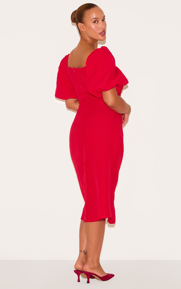 Plus Red Puff Sleeve Ruched Split Side Midi Dress | Plus