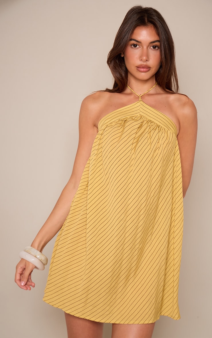Yellow Pinstripe Halterneck Sleeveless Shift Dress