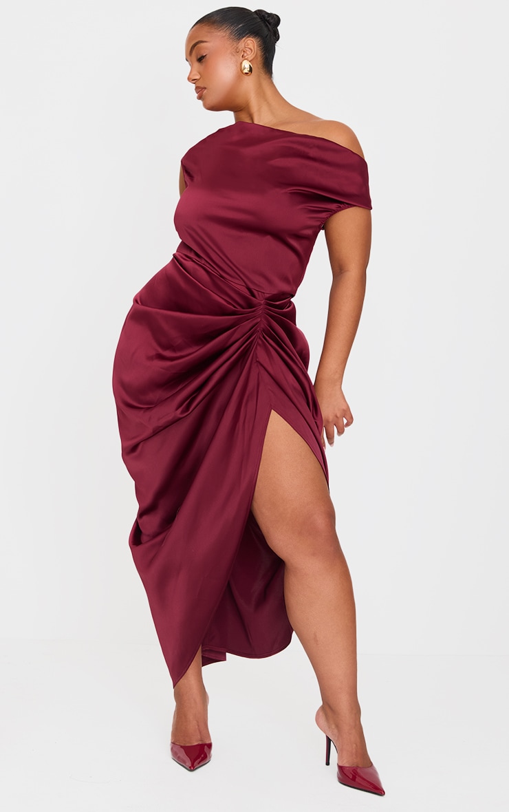 Plus Burgundy Satin Off The Shoulder Draped Skirt Midi Dress image 3