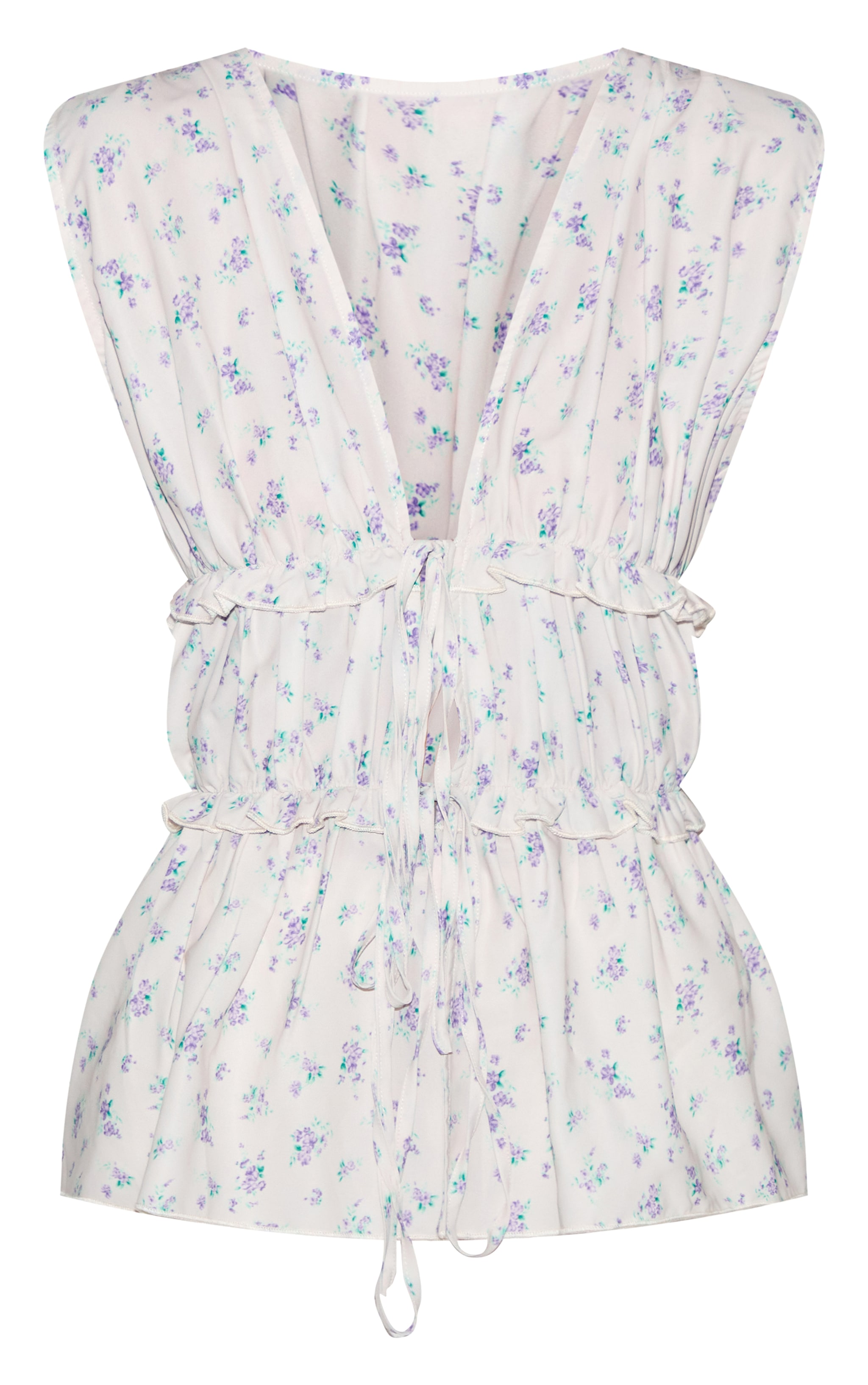 Cream Floral Chiffon Tie Front Top image 5