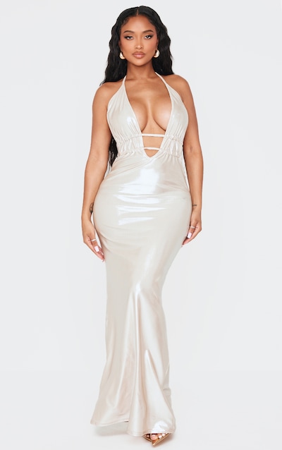 Shape Champagne Metallic Wet Look Plunge Front Halter Neck Maxi Dress