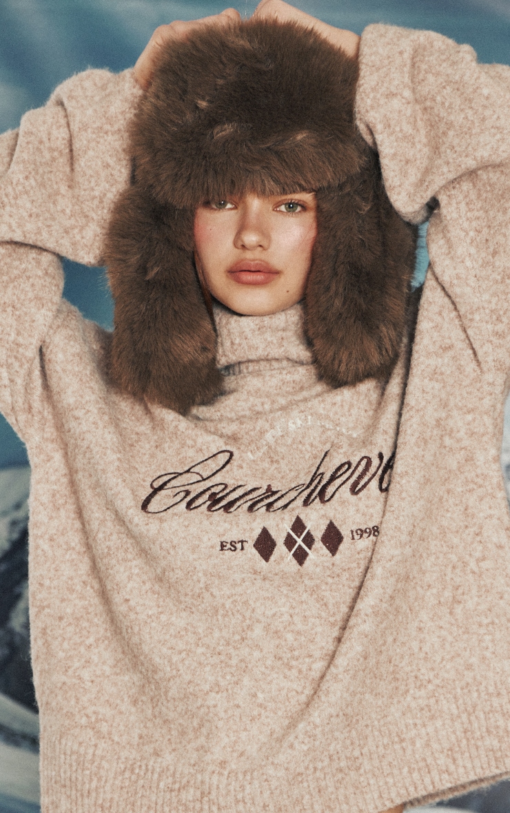 Beige Marl Graphic Oversized Roll Neck Sweater image 4