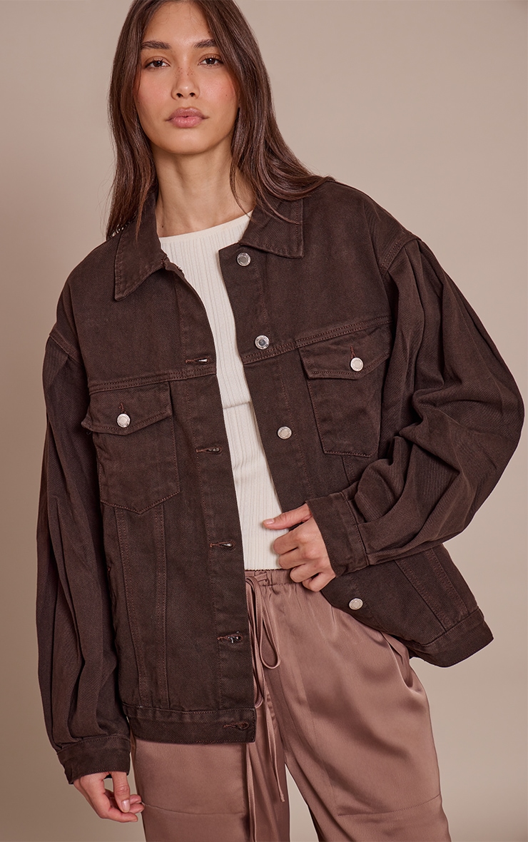 Veste oversize en jean chocolat foncé à manches cocon image 1
