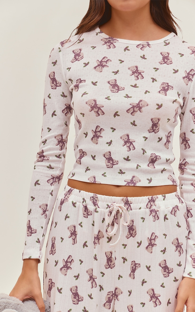 Teddy Bear Print Pointelle Fitted Long Sleeve Top and Pant PJ Set image 4