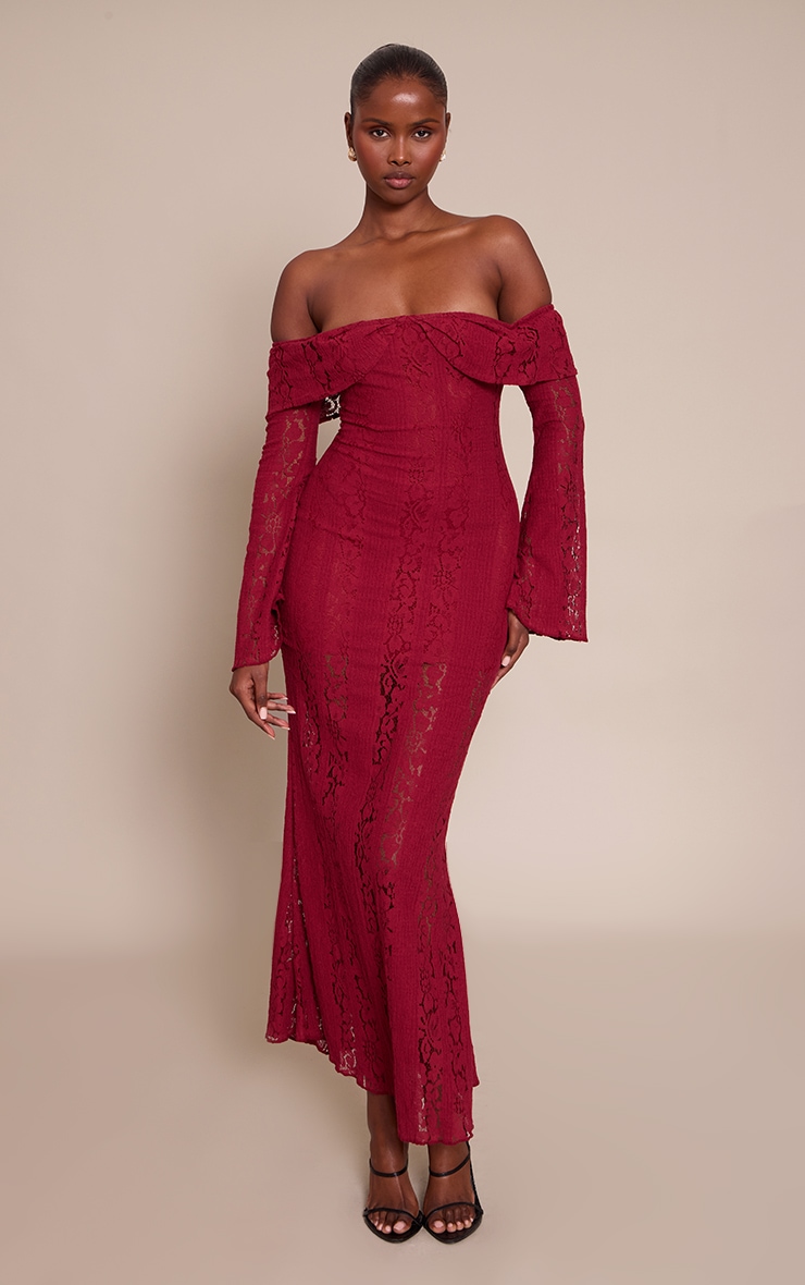 Burgundy Lace Fold Over Bandeau Maxi Dress image 1
