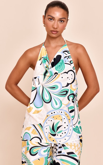 Multi Abstract Print Woven Halter Neck Floaty Long Top