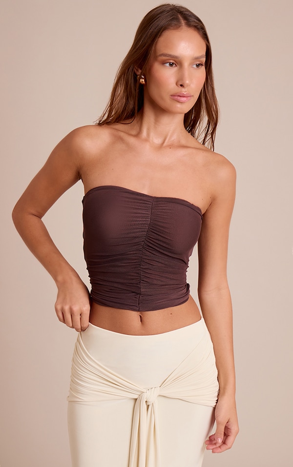 Chocolate Double Layered Mesh Ruched Front Bandeau