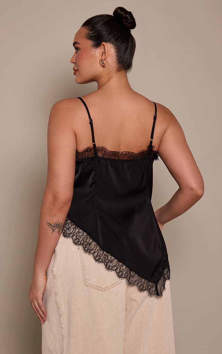 Plus Black Lace Detail Strappy Asymmetric Cami Top image 2