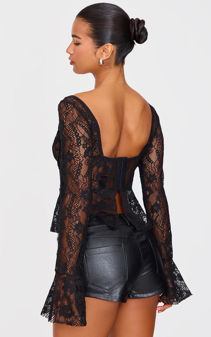 Black Lace Boned Flared Long Sleeve Long Top image 2