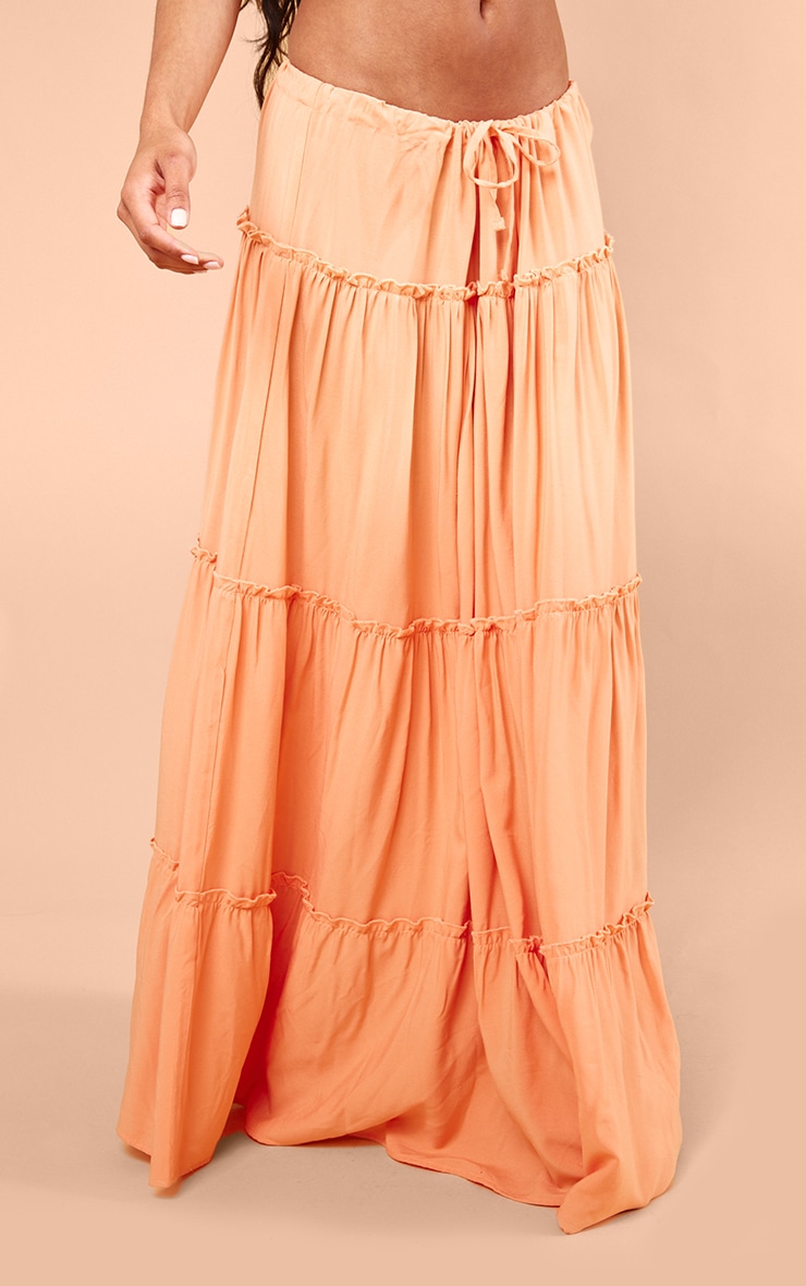 Coral Low Rise Drawstring Waist Tiered Maxi Skirt Bottoms PrettyLittleThing QA