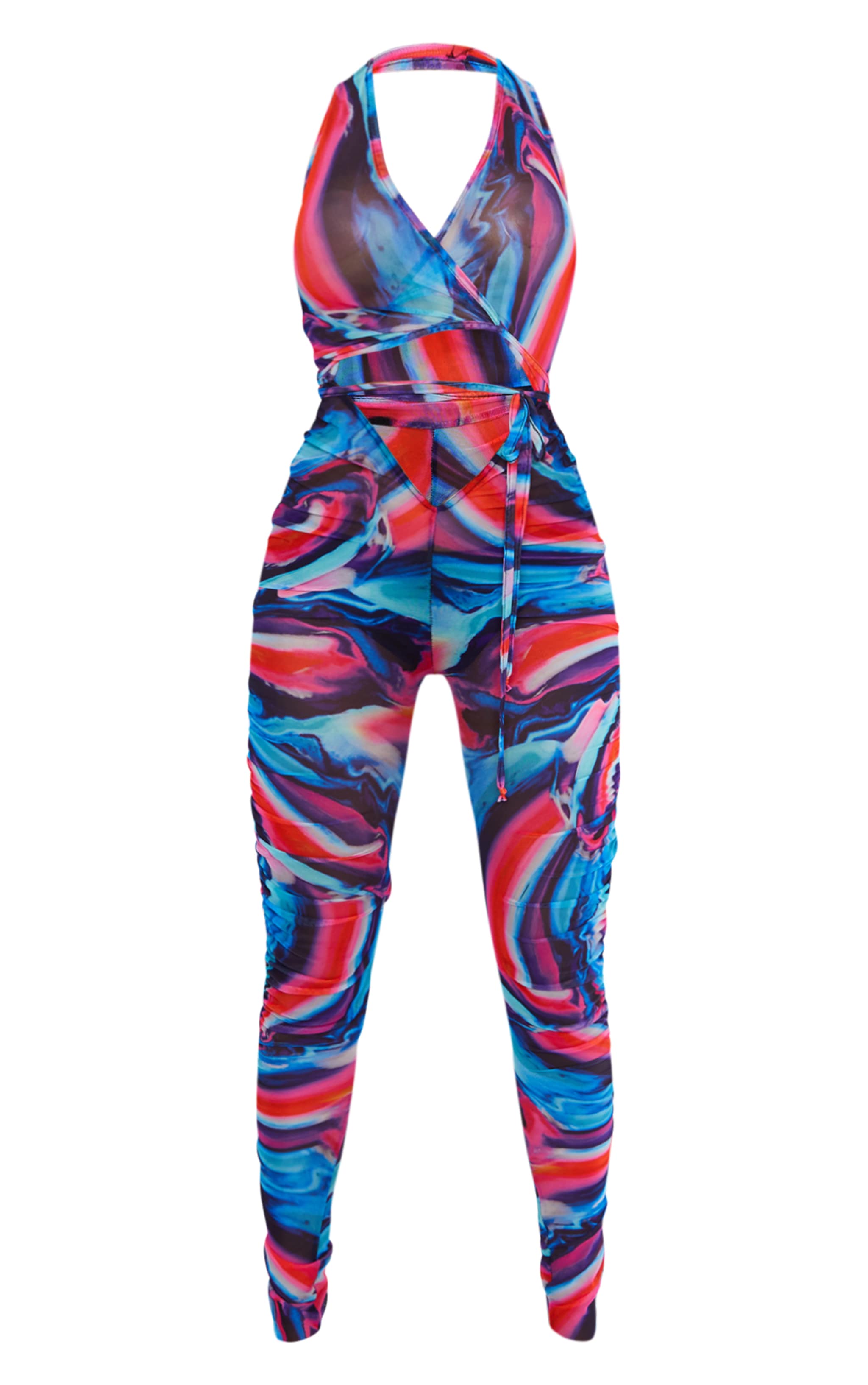 Blue Abstract Print Plunge Lace Up Mesh Jumpsuit PrettyLittleThing AUS