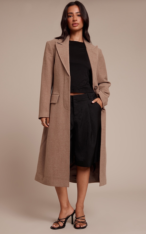 Petite Taupe Single Breasted Seam Detail Wool Look Maxi Coat