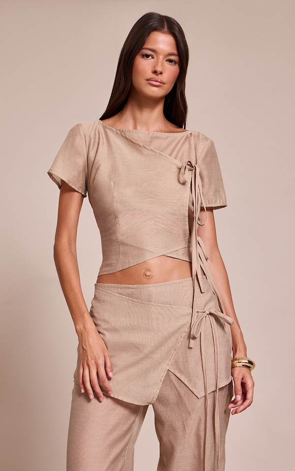 Stone Sheer Organza Tie Detail Short Sleeve Top