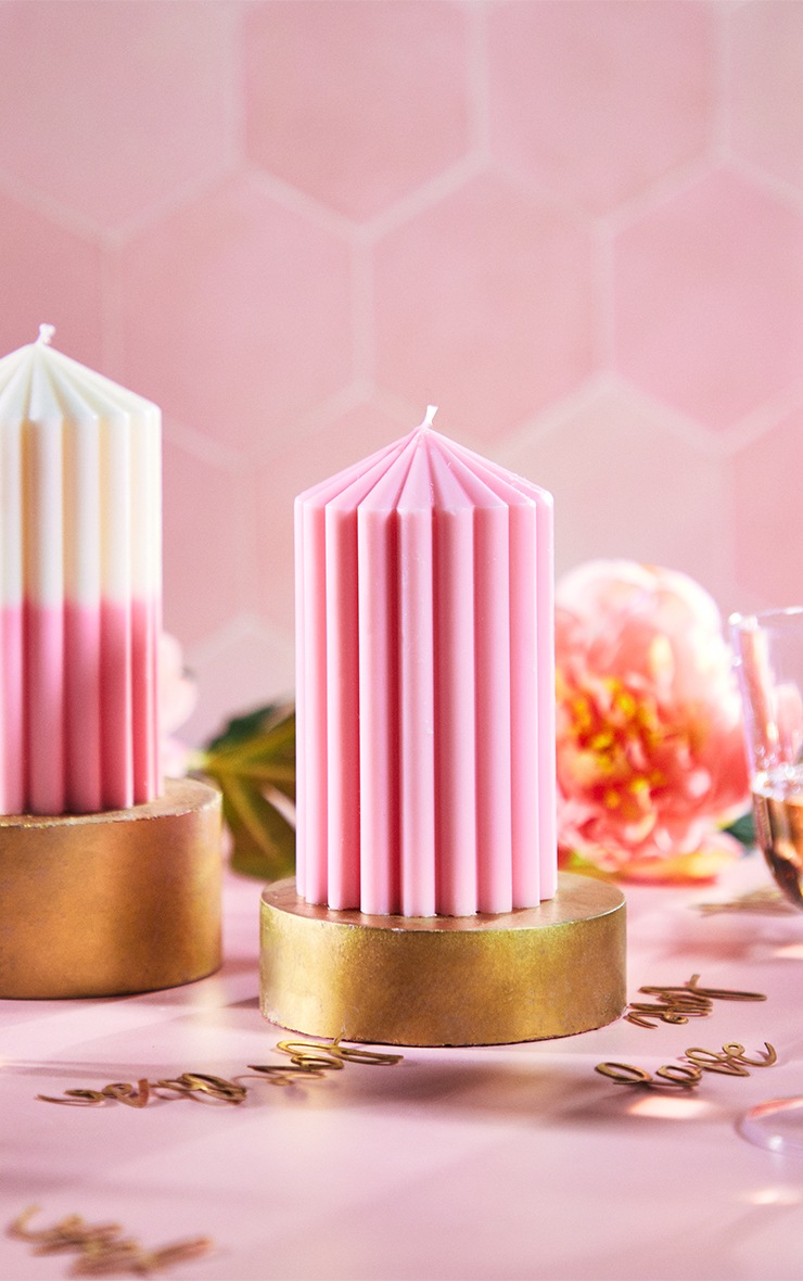 Short Pink Ribbed Candle image 2